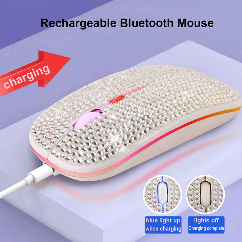 [Australia - AusPower] - Attoe Bluetooth Mouse,Bling Dazzling 2.4GHz Rechargeable Wireless Mouse Slim Mouse with USB Receiver,Compatible with Notebook,PC,Laptop,Computer,MacBook,Great Gift idea for Her (White) White 
