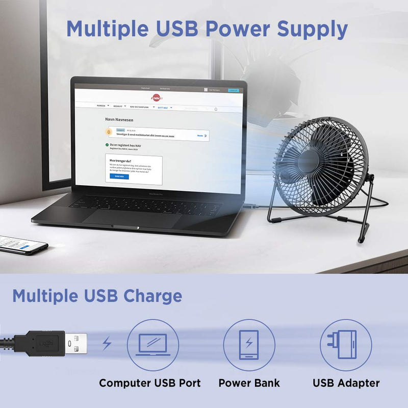 [Australia - AusPower] - EasyAcc 6 Inch USB Desk Fan, [ Small Quiet Powerful Metal Fan ] USB Powered Portable Fan, Strong Airflow& 360°Rotation Personal Table Cooling Fan with 2 Speed - Black (USB POWERED ONLY) 6" USB Fan 