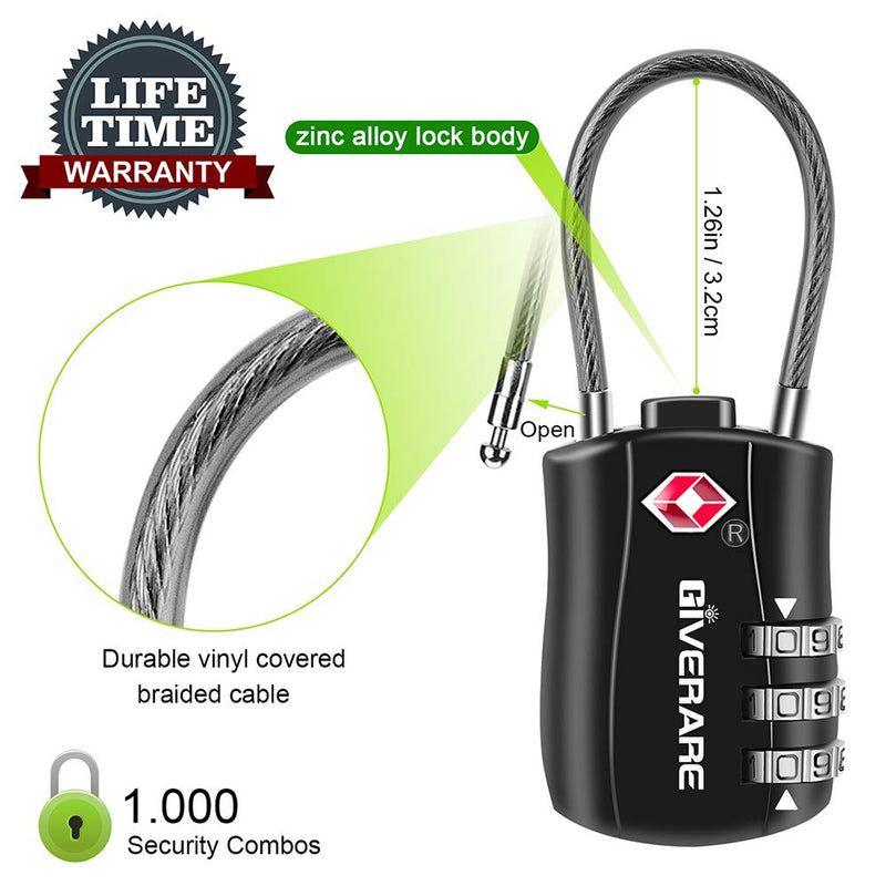 [Australia - AusPower] - GIVERARE TSA Approved Luggage Locks, Combination Travel Cable Lock, Re-settable 3-Digit Padlocks with Alloy Body, Keyless Travel Sentry Accepted Padlock for Gym Locker, Golf Bag Case, Backpack-Black 1 pack Black 