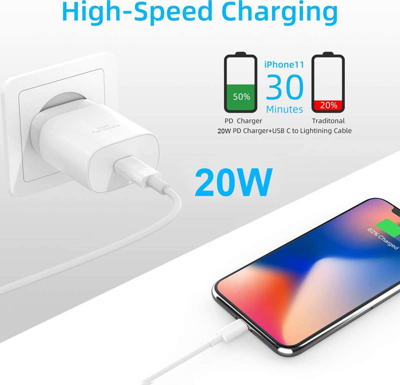 [Australia - AusPower] - 20W PD Fast Charger Compatible with iPhone 13 12/12 Mini/12 Pro Max/Xs Max XR X 11 10 8 Plus iPad Pro [ iPhone 7 6 6s Plus 5S ], Wall Plug Charger Adapter with 5.0FT USB Type C to Lightning Cable 