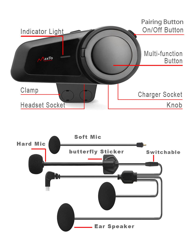 [Australia - AusPower] - Maxto Motorcycle Bluetooth Headset, M2 Group Motorbike Helmet Communication Systems 6-Way BT5.0 Waterproof Intercom 1000M Range with FM Radio,Siri,Voice dial for Ski/ATV/Full/Half Face(2 in 1 Mic) M2 1Pack 
