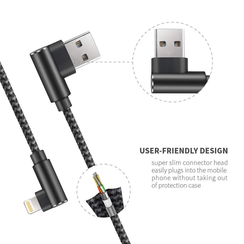 [Australia - AusPower] - [Upgraded] 10FT New Elbow Type Double 90 Degree Aluminum Alloy Nylon Braided USB Cable Compatible with Phone Charger Xs/XS Max/XR/X/8/8 Plus/7 Plus/7/6 Plus/6/5S/5/Pad (Black Gray, 10ft) Black Gray 