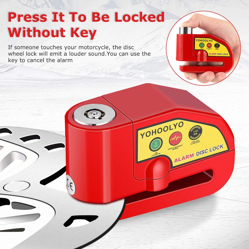 [Australia - AusPower] - YOHOOLYO Alarm Disc Lock Motorcycle Disc Brake Lock Anti-Theft Waterproof 110 dB 7mm Pin 5ft Reminder Cable for Motorcycles Bike Scooter Carry Pouch (Red) Red 