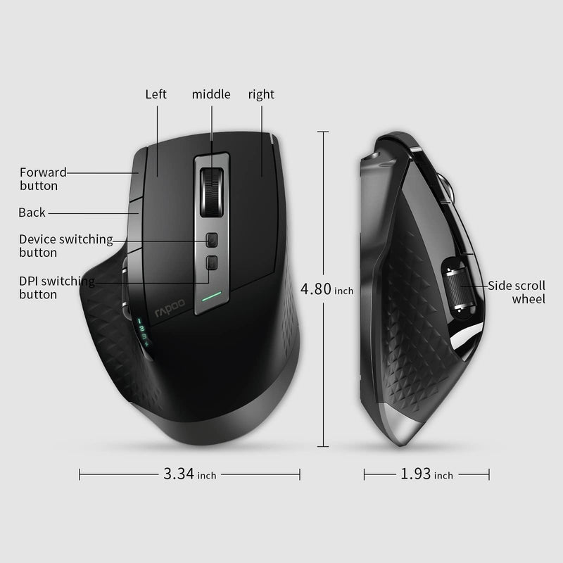 [Australia - AusPower] - Bluetooth Wireless Mouse, RAPOO 4 Adjustable DPI Rechargeable Bluetooth Mouse, Multi-Device (3 Bluetooth+USB) Programmable Ergonomic Mouse with Side Roller, Laser Mouse for Laptop Desktop PC, Black 