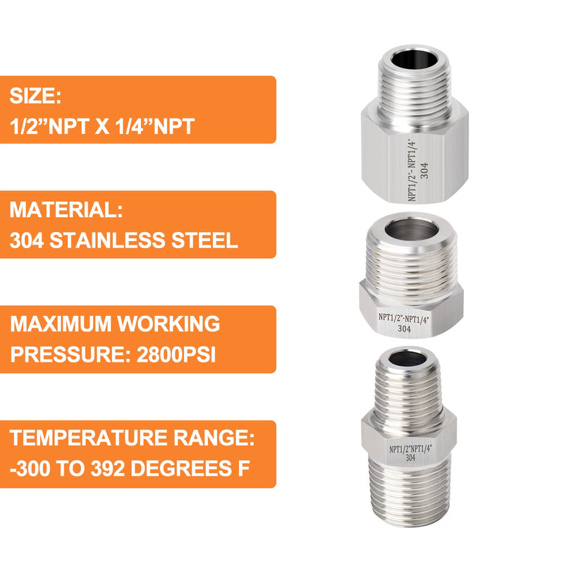 [Australia - AusPower] - GASHER 6PCS 304 Stainless Steel Pipe Fitting, Hex Bushing, Reducer Adapter, Reducing Hex Nipple 1/2 Inch NPT x 1/4 Inch NPT 1/2" NPT x 1/4" NPT 