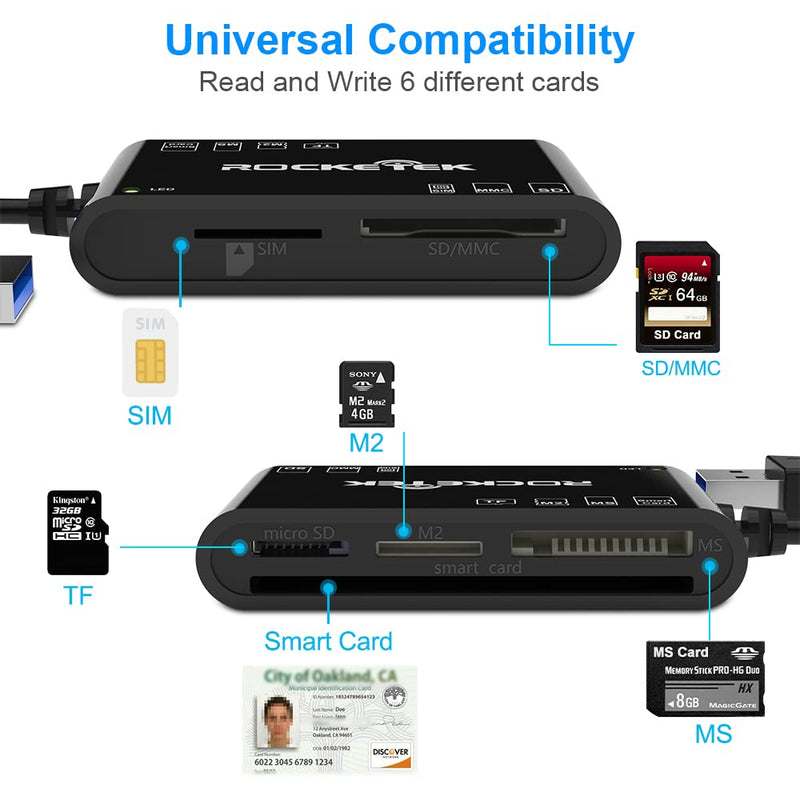 [Australia - AusPower] - 6 in 1 Memory Card Reader, USB SD Card Reader for Micro SD/SDXC/SD/SDHC/MS/M2/MMC Camera Memory Card/SIM/Smart Card Reader, CAC Reader for Mac OS, Windows, Linux, Chrome 