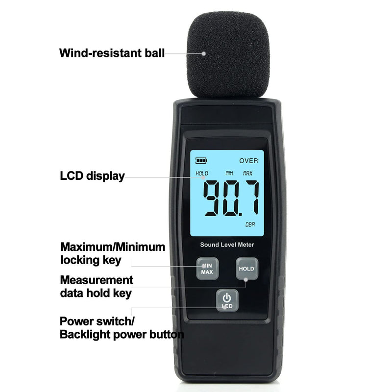 [Australia - AusPower] - Hand-Held Sound Level Meter,V-Resourcing 30~130 dB Decibel Noise Measurement Tester with Backlight Digital LCD Display for Indoor/Outdoor Uses [Max/Min/Hold Function] Black 