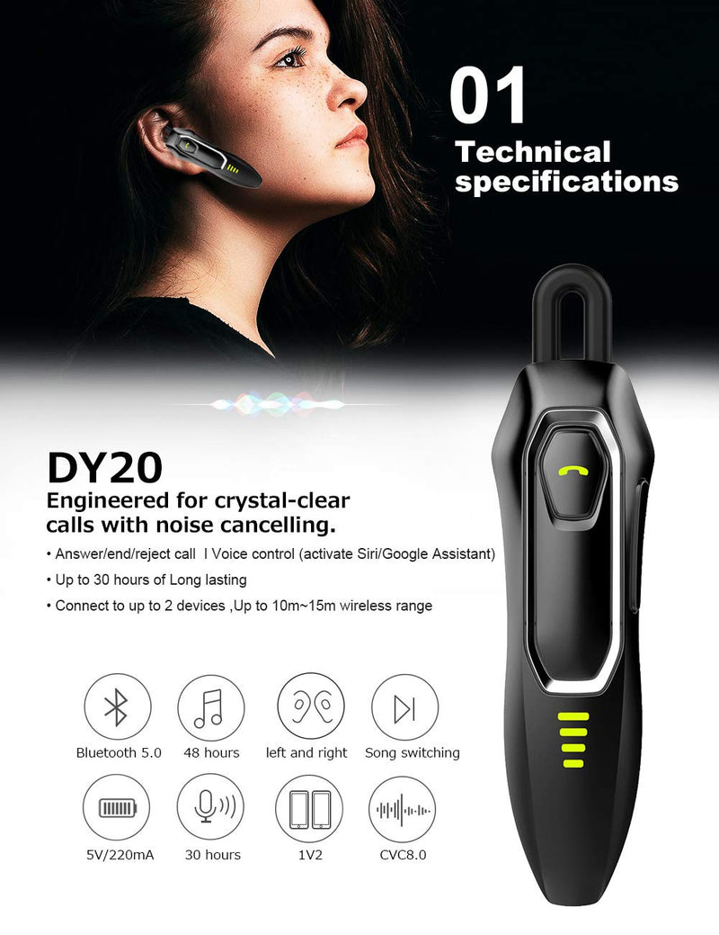 [Australia - AusPower] - Bluetooth Earpiece V5.0, HD Voice Noise Cancelling, 30H Talking Time and 15 Days Long Standby, Built-in 220mAh Battery, Handsfree Wireless Bluetooth Headset for Cell Phone Black 