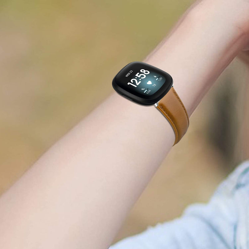 [Australia - AusPower] - Aladrs Leather Watch Straps Compatible for Fitbit Sense / Versa 3 Smartwatch Band Brown 