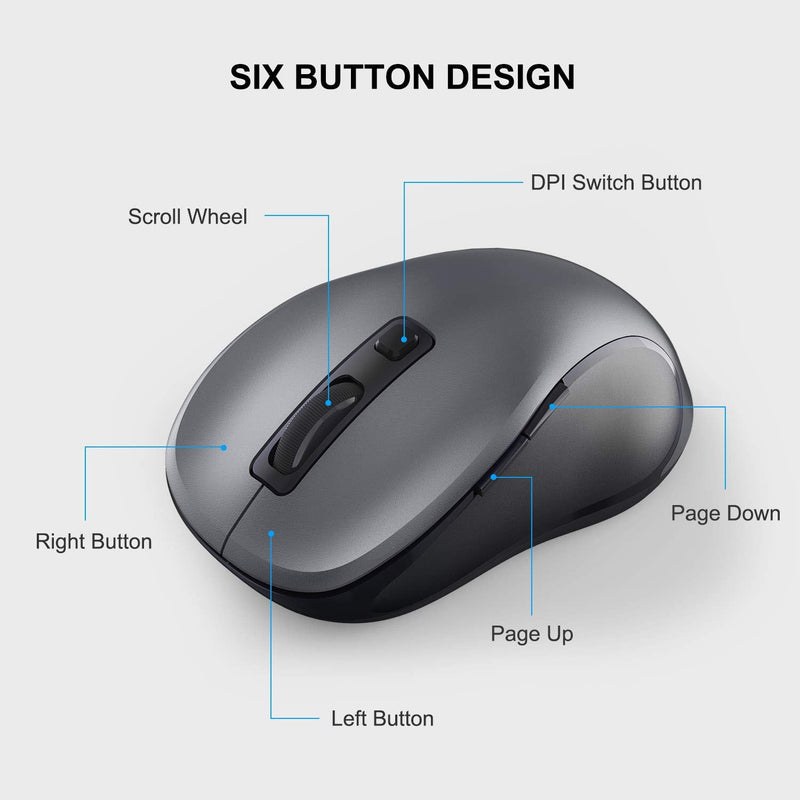 [Australia - AusPower] - WisFox 2.4G Wireless Mouse for Laptop, Ergonomic Computer Mouse with USB Receiver and 3 Adjustable Levels, 6 Button Cordless Mouse Wireless Mice for Windows Mac PC Notebook (Grey) Gray 