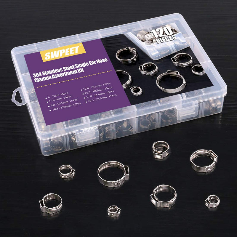 [Australia - AusPower] - Swpeet 120Pcs 8 Sizes 304 Stainless Steel Single Ear Hose Clamps, Crimp Hose Clamp Assortment Kit Ear Cinch Rings Crimp Pinch Fitting Tools Perfect for Automotive, Home Appliance Line 