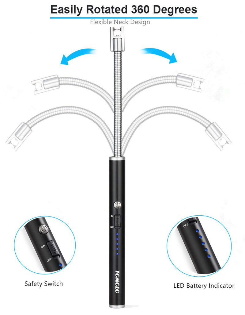 [Australia - AusPower] - TOMOLO Lighter, Rechargeable Candle Lighter Grill Lighter Electric Arc Lighter with Flexible Neck, LED Battery Display Safety Switch for Candle Camping Cooking BBQs Fireworks (Black&Silver, Pack of 2) 