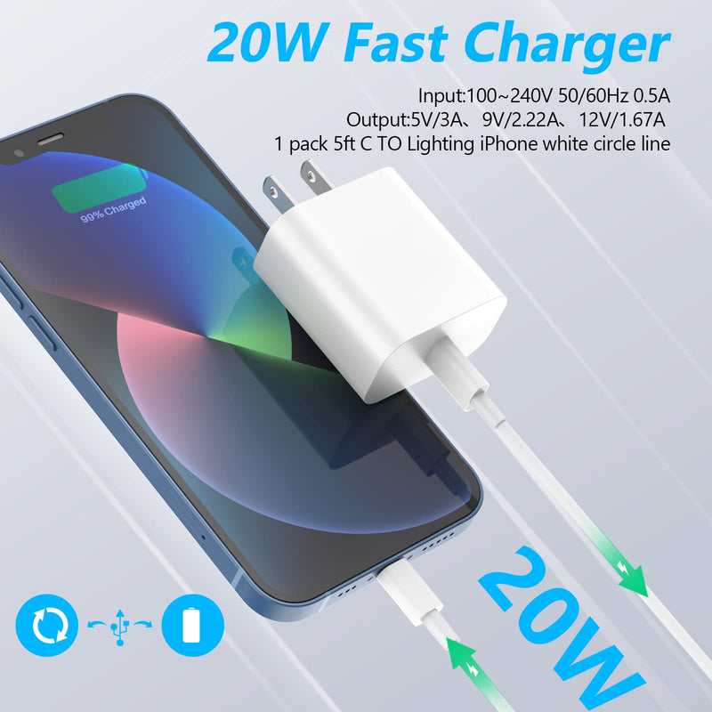 [Australia - AusPower] - iPhone Charger, Amoner USB C Charger 20W PD Fast Wall Charger with MFi Certified 5FT C to Lightning Cable Compatible for iPhone13/12/12Pro/12ProMax/11/11Pro/11ProMax/XR/XS/X/8/SE and More white-5ft 