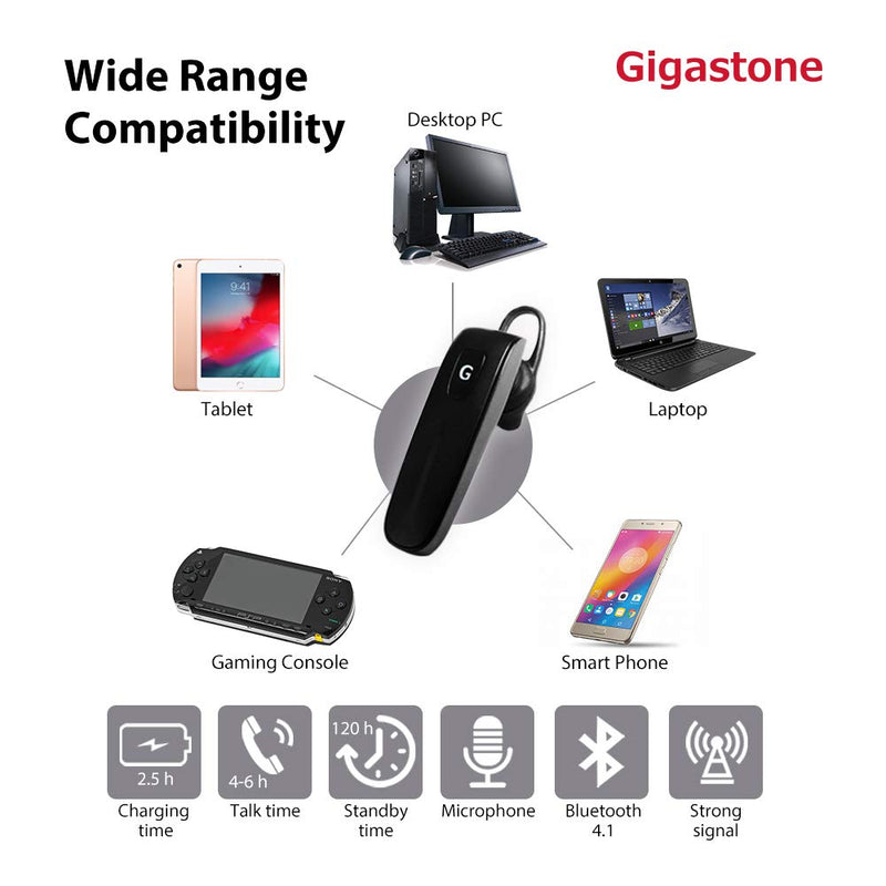 [Australia - AusPower] - Gigastone D1 Bluetooth Earpiece, Wireless Handsfree Headset with Microphone, 6-8 Hrs Driving Single Ear Bluetooth Headset, Noise Canceling Mic, Compatible with iPhone Android D1 1-Pack 