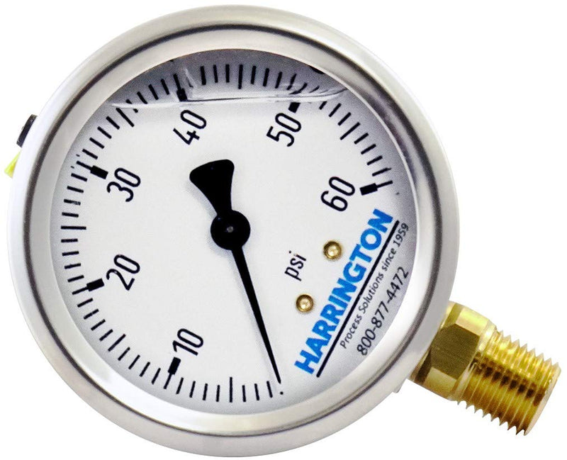 [Australia - AusPower] - Harrington 52894974 2-1/2" Liquid Filled Pressure Gauge 0/60 psi 304 Stainless Steel with Vented Fill Plug 1/4" NPT Bottom Mount Industrial Grade A +/- 2/1/2% Accuracy ASME B40.100 Model 213.53 