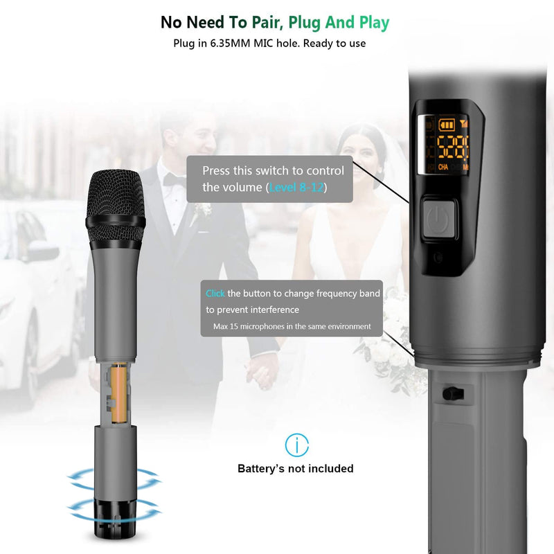 [Australia - AusPower] - Bietrun Wireless Microphone, UHF Metal Dynamic Handheld Karaoke Mic with Rechargeable Receiver (Work 6hs), 160ft Range, For Karaoke Machine Singing, Amplifier Speaker, Mixer, Speech, Church, Interview Battery Grey 
