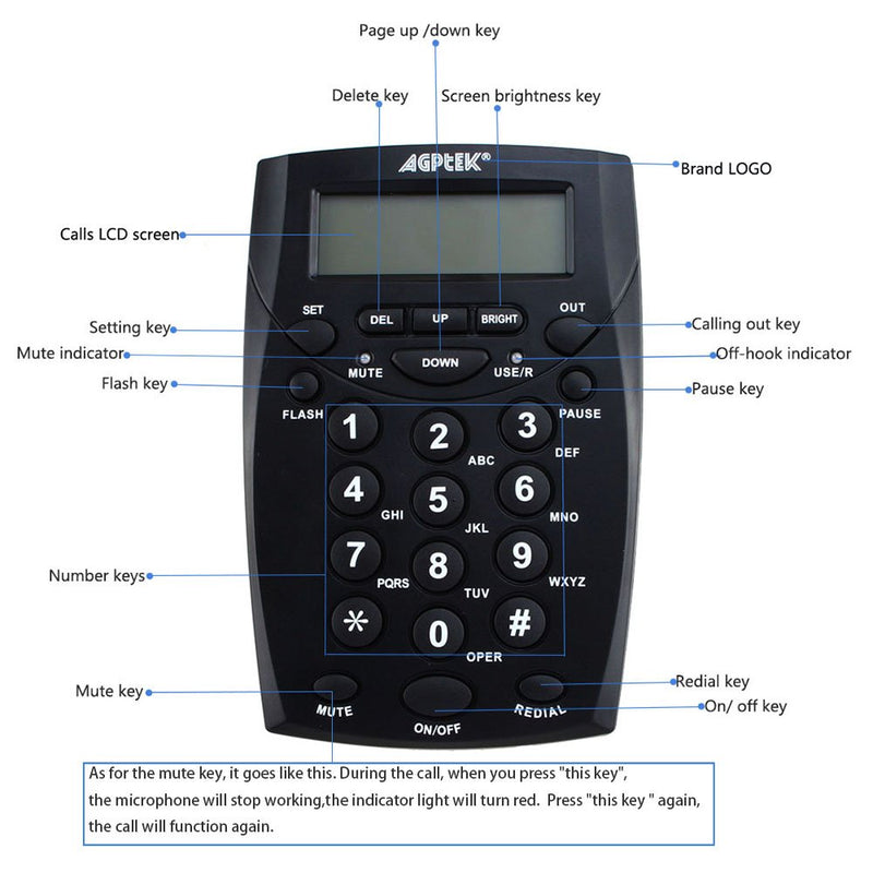 [Australia - AusPower] - AGPtek Call Center Dialpad Headset Telephone with Tone Dial Key Pad & REDIAL Black 
