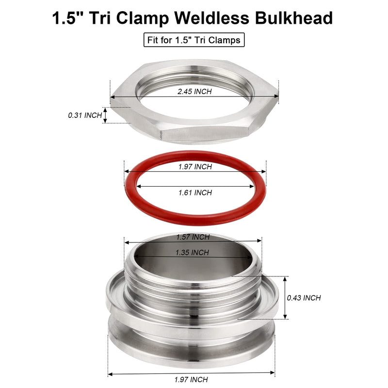 [Australia - AusPower] - Hilangsan 1.5" Tri Clamp Weldless Bulkhead Stainless Steel Compression Bulkhead Fittings Homebrew Kettle Bulkhead 1.5 inch TC Bulkhead Connector for Brew Kettle 