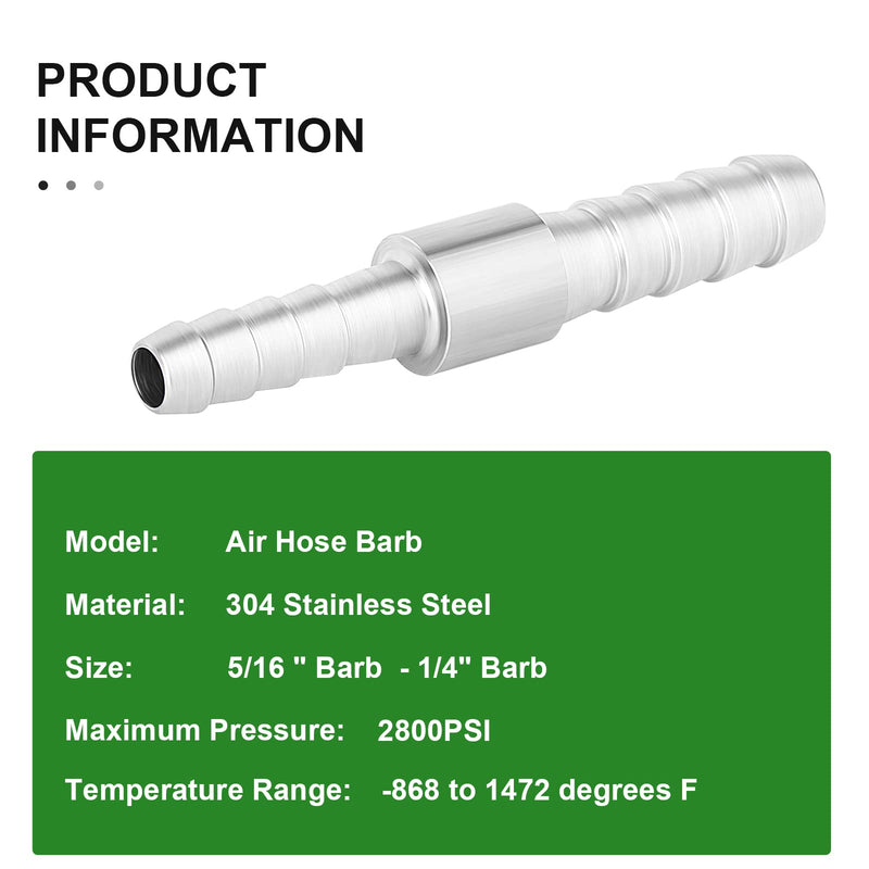 [Australia - AusPower] - TAISHER 5PCS 304 Stainless Steel Hose Barb Fittings 5/16 Inch to 1/4 Inch Barb Hose, Hose Barb Reducer Splicer Mender Union Air Water Fuel with 10PCS Hose Clamp 5/16" Barb x 1/4" Barb 