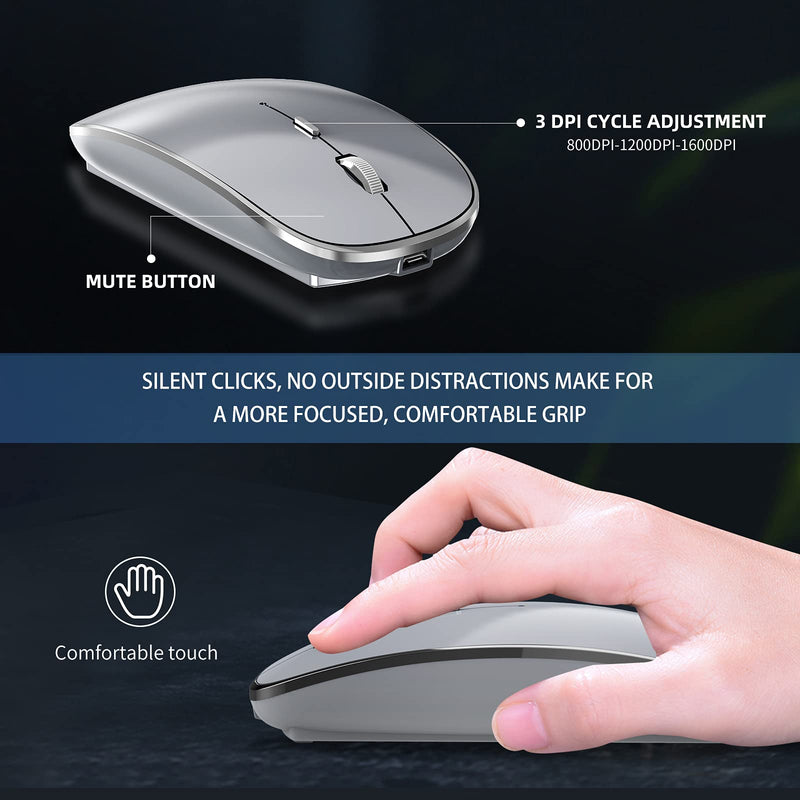 [Australia - AusPower] - Halpilt Wireless Mouse Chargeable Portable Silent Wireless Mouse USB and Type-C Dual Mode Wireless Mouse 3 Adjustable DPI for Laptop, Mac, MacBook, Android, PC (Q23S Grey) 