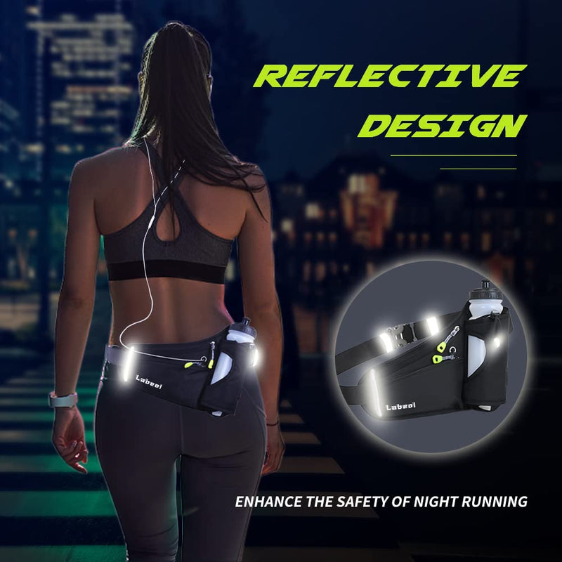 [Australia - AusPower] - Labeol Running Water Bottle Hydration Belt with Water Bottle Holder Hiking Walking Waist Pack Reflective Adjustable Fanny Pack Compatible for Phone Waistband Outdoor Running Belt (Black) Black 