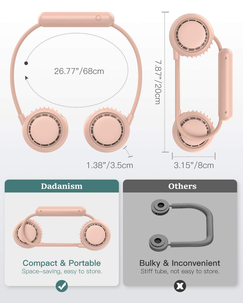 [Australia - AusPower] - Dadanism Personal Neck Fan, Hand Free USB Rechargeable Fan Adjustable Speeds Multi-Angles Rotate Lazy Neckband Fan Cooling Neck Hanging Fan USB Charging Low Noise Mini Fan with 3 Level Air Flow - Pink 