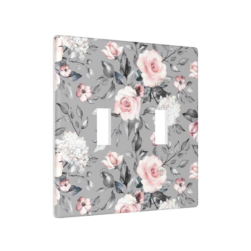 [Australia - AusPower] - LWDZLHD Rose Flowers Light Switch Cover 2 Gang Double Toggle Pink Floral Grey Leaves Decorative Electrical Wall Plate Switchpalte Outlets Faceplate for Bathroom Kitchen Bedroom Home 4.5" x 4.5" Pink Flowers Floral 
