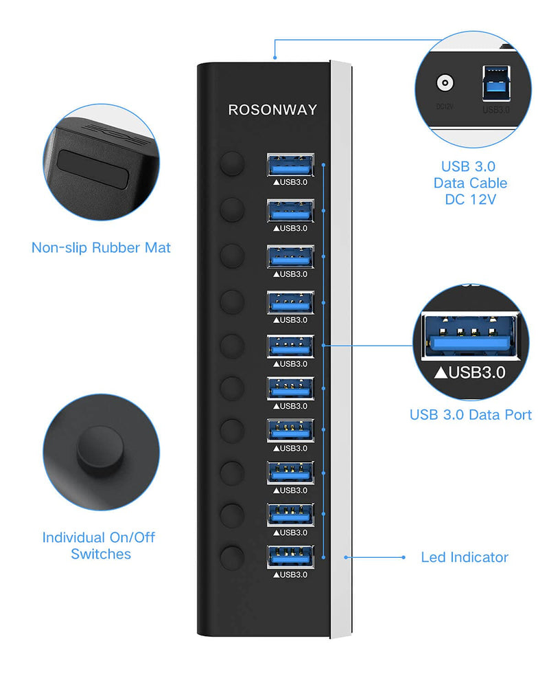 [Australia - AusPower] - Powered USB Hub, Rosonway Aluminum 10 Port USB 3.0 Data Hub with 36W (12V/3A) Power Adapter and Individual On/Off Switches USB Splitter(RSH-A10) 