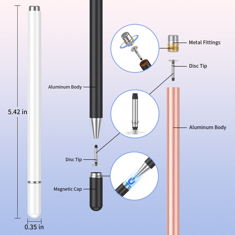 [Australia - AusPower] - Stylus Pens for Touch Screens(3 Pcs), High Precision Magnetic Disc Universal Stylus Pen for iPad Compatible with Apple/iPhone/iPad/Android/Microsoft Tablets and All Capacitive Touch Screens Black/Rose/White 