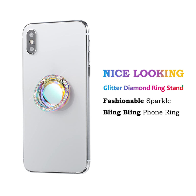[Australia - AusPower] - lenoup Iridescent Glitter Bling Bling Phone Ring Holder,Sparkle Phone Ring Grip Artificial Stand with Flat Diamond ,Flat Rhinestone Cell Finger Ring for Phones,Pad(Rainbow) Rainbow 