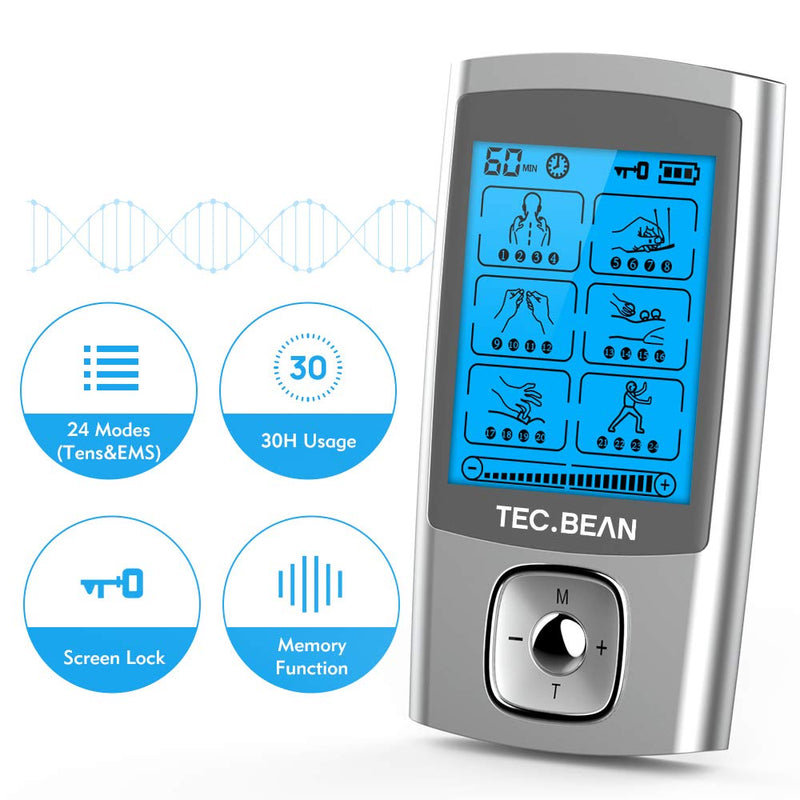 [Australia - AusPower] - TEC.BEAN 24 Modes TENS Unit Muscle Stimulator, Rechargeable TENS Machine with 8 Electrode Pads (American Gel), Electric Pulse Massager for Pain Relief Therapy 