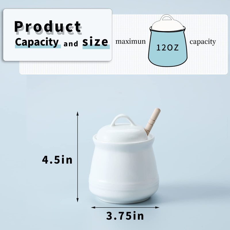 [Australia - AusPower] - HAOTOP Ceramic Honey pot with Lid and Honey Stick,Porcelain Honey Jar Easy to Clean and Dishwasher Safe,12oz (White) White 