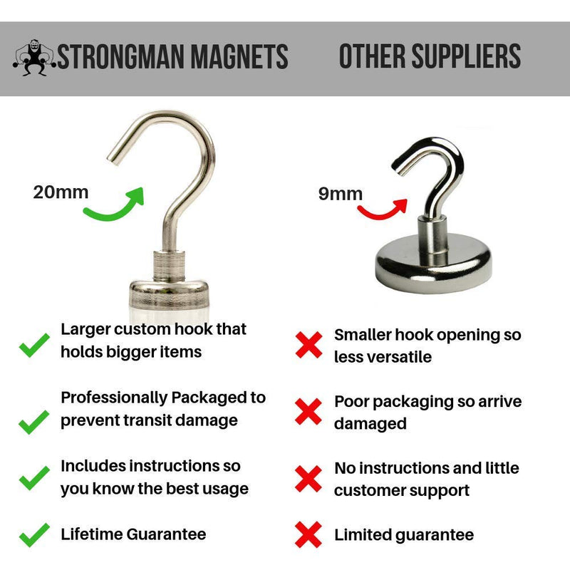 [Australia - AusPower] - Strongman Magnets 6 Pack of Powerful 50LB Neodymium Heavy Duty Magnetic Hooks +3M Non Scratch Stickers - Multi USE Indoor & Outdoor Hook Magnets! DECLUTTER and ADD Storage Now! (6 Pack) 