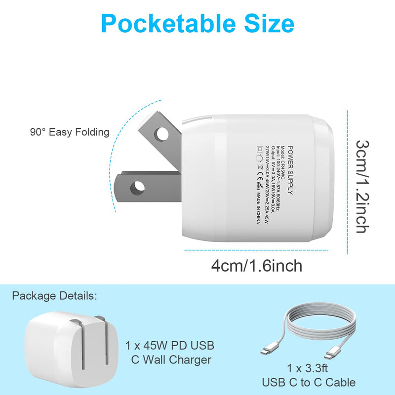 [Australia - AusPower] - 45W USB C Charger PD Fast Charger Block USB-C Power Delivery Wall Charger Adapter 45W Ultra Charger GaN Tech with 3.3ft USB C to USB C Charging Cable Compatible with Samsung Galaxy S20 S10 iPhone 13 