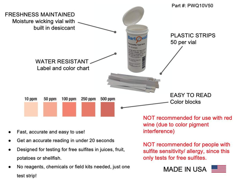 [Australia - AusPower] - Free Sulfite Test Strips, 10-500 ppm [Vial of 50 Plastic Strips] 
