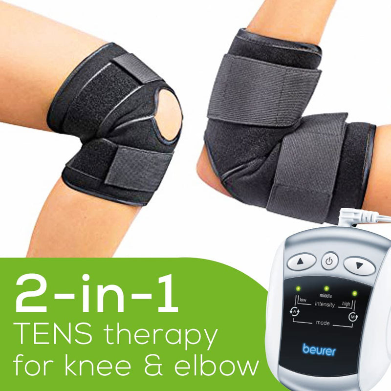 [Australia - AusPower] - Beurer EM34 TENS Unit Muscle Stimulator, 2-in-1 Knee & Elbow TENS Machine, E-Stim Device for Knee Pain Relief with 25 Intensity Levels, Electric Massager with Universal Brace 