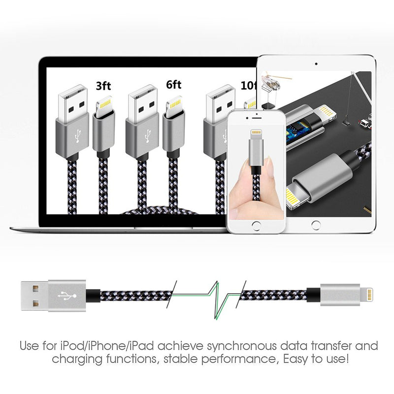 [Australia - AusPower] - 4Pack(3ft 6ft 6ft 10ft) iPhone Lightning Cable Apple Certified Braided Nylon Fast Charger Cable Compatible iPhone Max XS XR 8 Plus 7 Plus 6s 5s 5c Air iPad Mini iPod (Black+Gray) Black+Gray 