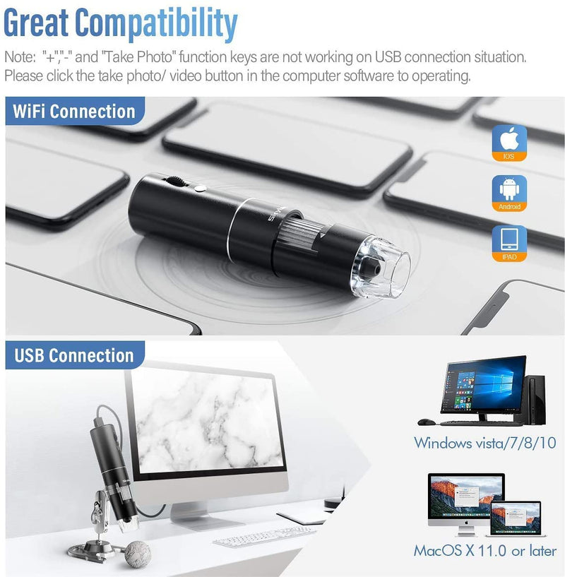 [Australia - AusPower] - Wireless Digital Microscope, Skybasic 50X-1000X Magnification WiFi Portable Handheld Microscopes with Adjustable Stand HD USB Microscope Camera Compatible with iPhone Android iPad Windows Mac Computer Black 