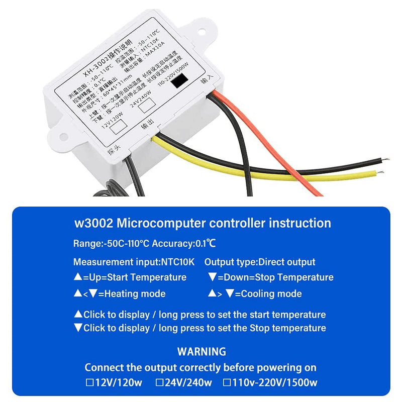 [Australia - AusPower] - XINGYHENG XH-W3002 DC 110V-220V 1500W 10A Microcomputer Digital Temperature Controller Digital Display Thermostat Control Switch and NTC 10K Thermistor Sensors Temperature Probe (110-220V 1500W) 