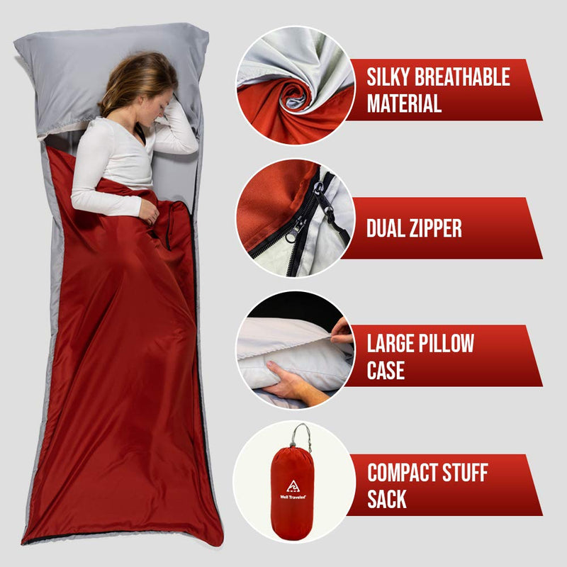 [Australia - AusPower] - Well Traveled Sleeping Bag Liner, Lightweight Adult Sleeping Sheet for Hiking, Backpacking and Camping, Easily Removable and Washable, Silky Smooth Fabric, Simple to Stuff Sack Red (Left Zipper) 