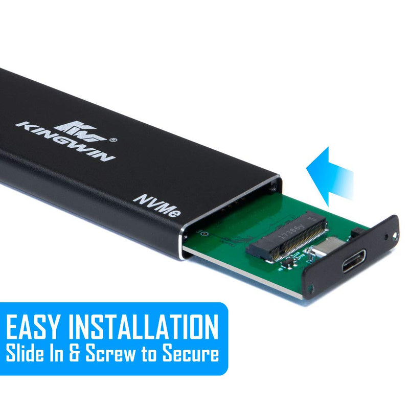 [Australia - AusPower] - Kingwin M.2 SSD NVMe External Enclosure, 10Gbps USB 3.1 Gen 2 M-Key to USB C Solid State Drive Adapter, PCIe USB 3.0 USB C Cables, Fit Size 2230/2242/2260/2280, Aluminum, KM-U3NGFF-NVE 