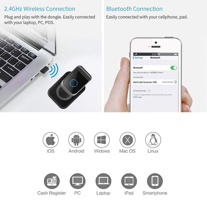 [Australia - AusPower] - 1D 2D QR Bluetooth Handheld Barcode Scanner 2.4Ghz& USB Wired Connection for iPad, iPhone,Tablets or Windows Mac Computer Wireless barocde Scanner with Base 