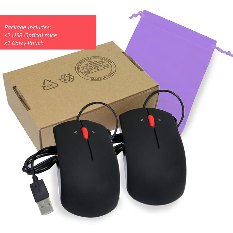 [Australia - AusPower] - 2 Pack USB Computer Mouse fits Laptops HP ASUS Lenovo Chromebook or Desktop PC - Wired Corded Bulk Mice with Travel Pouch 