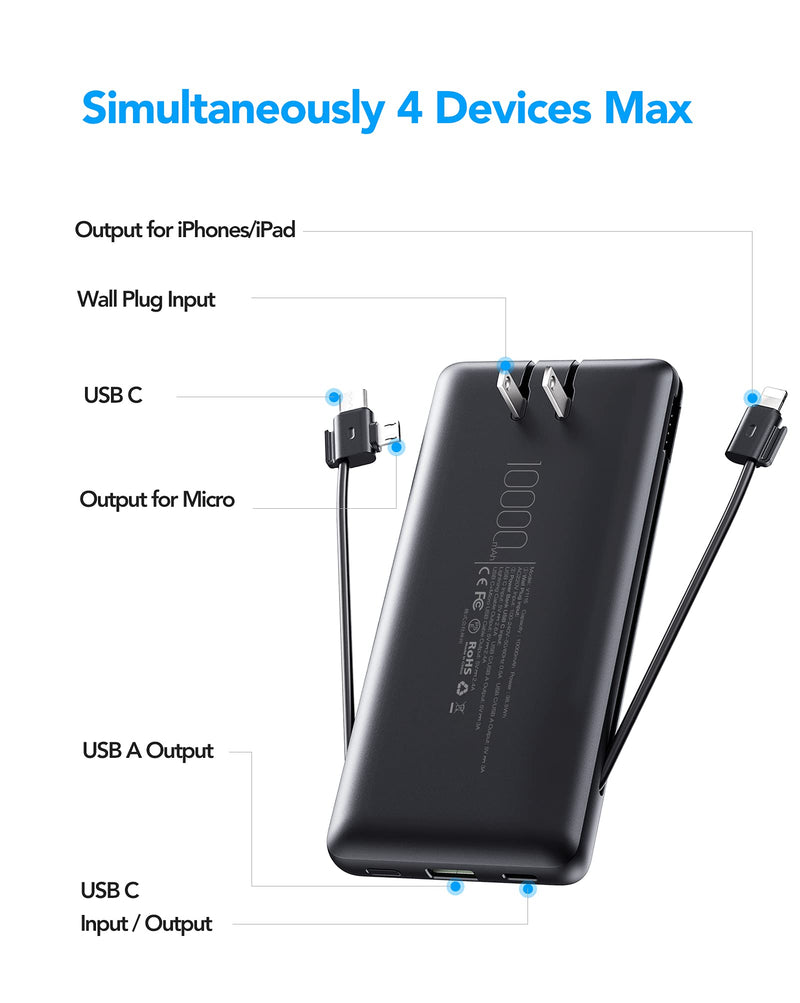 [Australia - AusPower] - VEGER Portable Charger for iPhone Built in Cables Fast Charging USB C Slim 10000 Power Bank, Wall Plug USB Battery Pack for iPhones, iPad, Samsung More Phones Tablets (Black) Black 