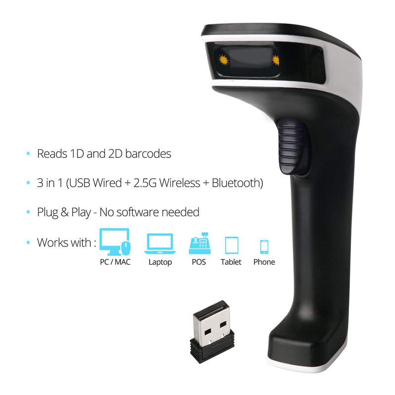 [Australia - AusPower] - ScanAvenger Portable Wireless Bluetooth Barcode Scanner: 3-in-1 Hand Scanners - Cordless, Rechargeable 1D and 2D Scan Gun for Inventory Management - Wireless, Handheld, USB Bar Code/QR Code Reader 