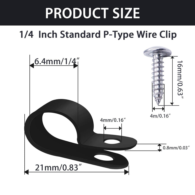 [Australia - AusPower] - mankk 100PCS 1/4 Inch Rope Light Clips P-Style Mounting Clips Plastic Cable Clamps with Compatible Stainless Steel Pan Head Phillips Screws for Wire Management M-034-BK-LS Black with screw 
