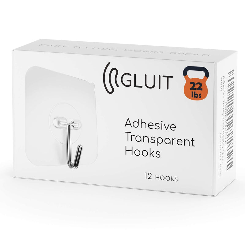 [Australia - AusPower] - GLUIT Adhesive Hooks for Hanging Heavy Duty Wall Hooks 22 lbs Self Adhesive Sticky Hooks Waterproof Transparent Hooks for Keys Bathroom Shower Outdoor Kitchen Door Home Improvement Sticky Hook 12 Pack 12 Medium Hooks 
