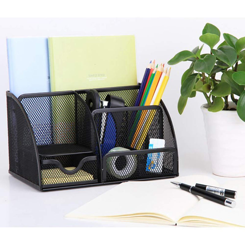 [Australia - AusPower] - VANRA Office Supply Caddy Mesh Desk Organizer School Supply Holder 6 Compartments with Drawer (Black) 