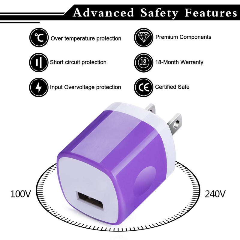 [Australia - AusPower] - USB Charger, Charging Block CIQILY 5-Pack 1A/5V USB Power Home Travel Adapter Wall Charger Cube Brick Box Base Head Compatible for Phone X 8 7 6 Plus 5S, iPad, Samsung, LG, Moto,Tablet, Android Phone White,Blue,Purple,Green,Rosered 