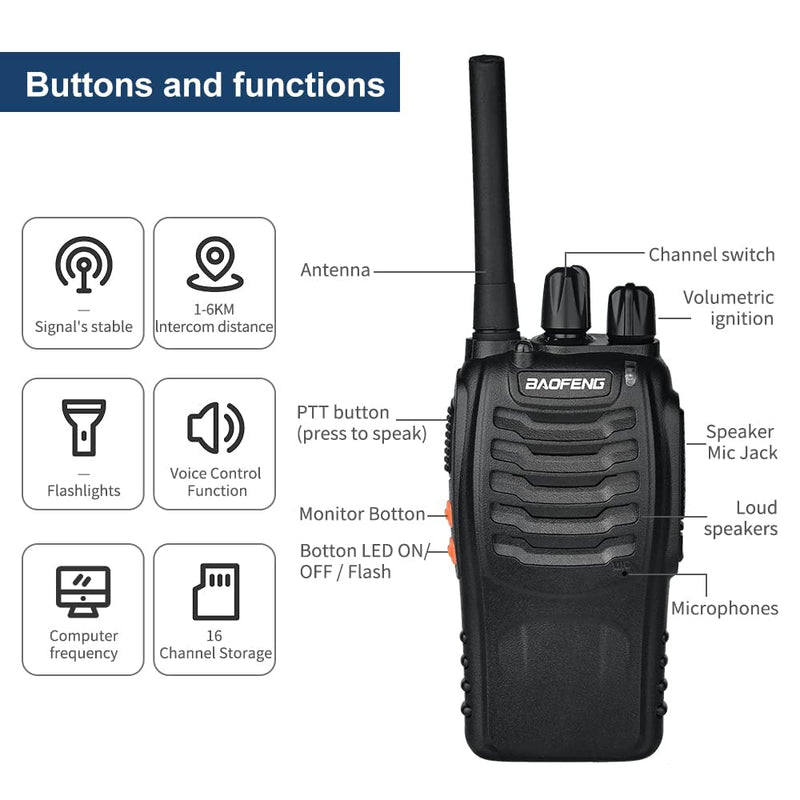 [Australia - AusPower] - BAOFENG Walkie Talkies Long Range for Adults Kids Two Way Radios with Earpieces,16 Channel UHF, Rechargeable Handheld 2-Way Radios with Flashlight （2 Pack）, black, 88A 